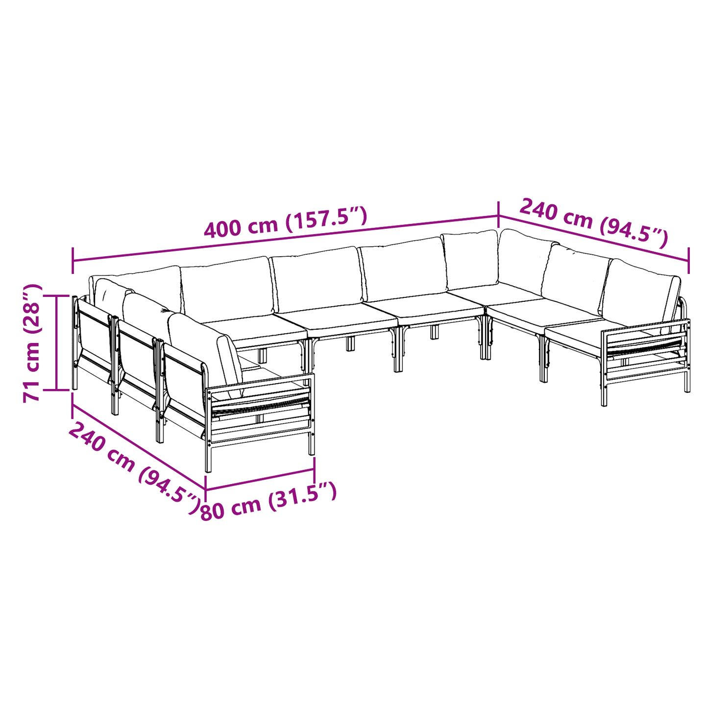 Hagesofa Set med pute 9 pcs Svart Stål