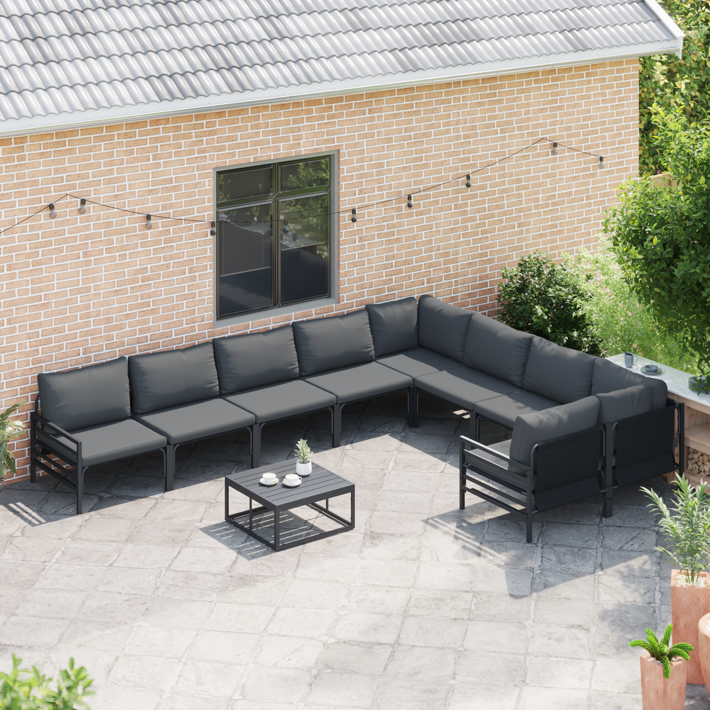Hagesofa Set med pute 10 pcs Svart Stål