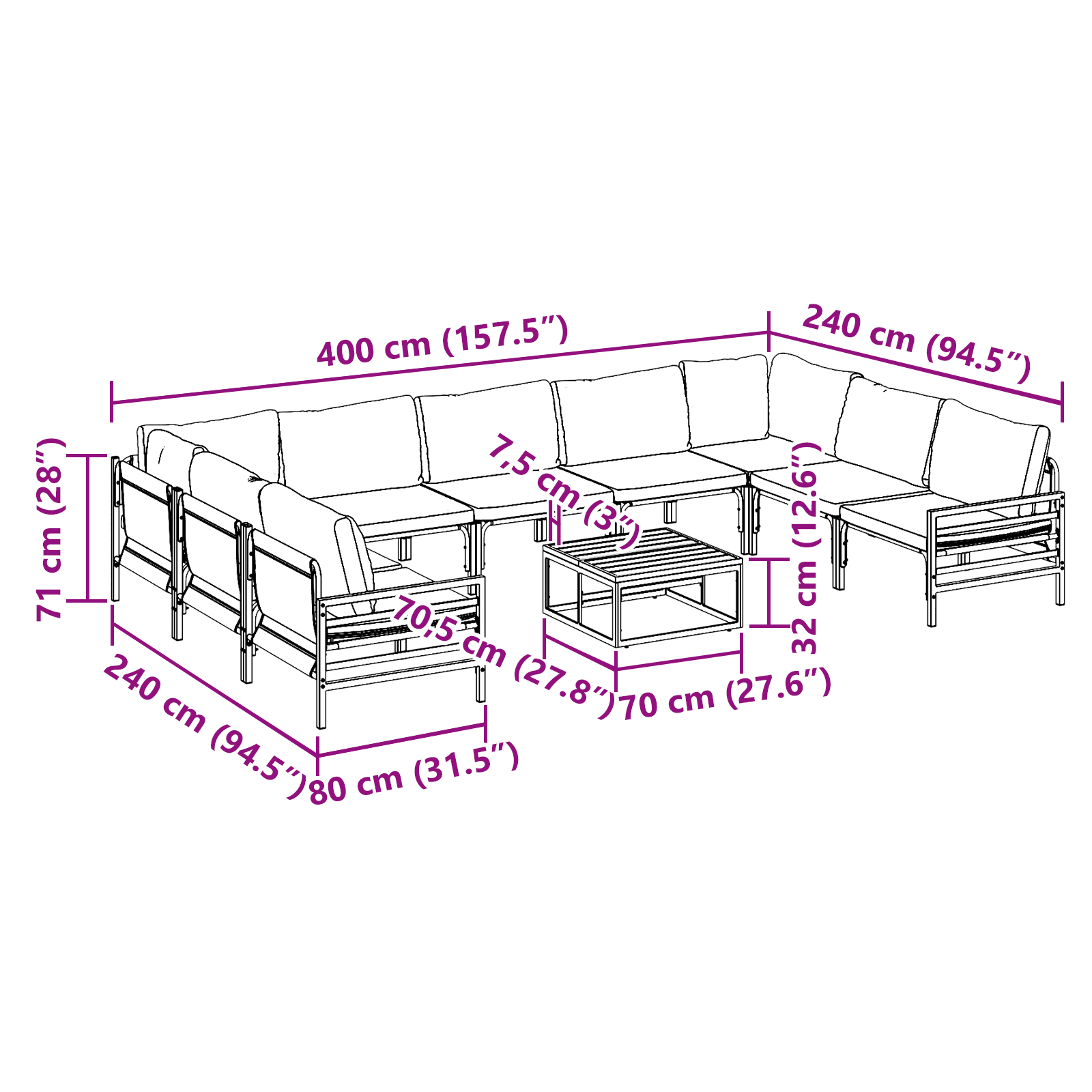 Hagesofa Set Antrasittgrå Stål