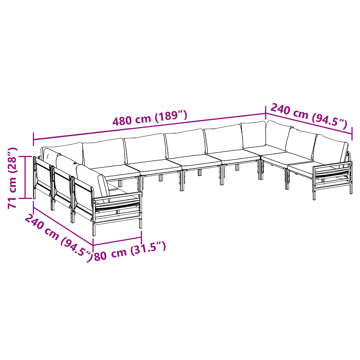 Hagesofa Set med pute 10 pcs Svart Stål