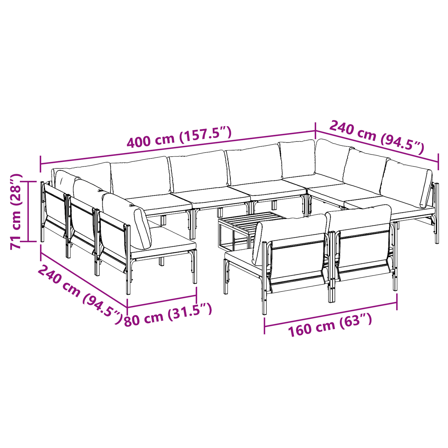 Hagesofa Set med pute 12 pcs Svart Stål