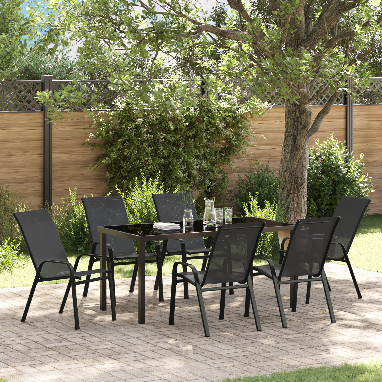 Hage Spisegruppe 7 pcs Svart Textilene og stål