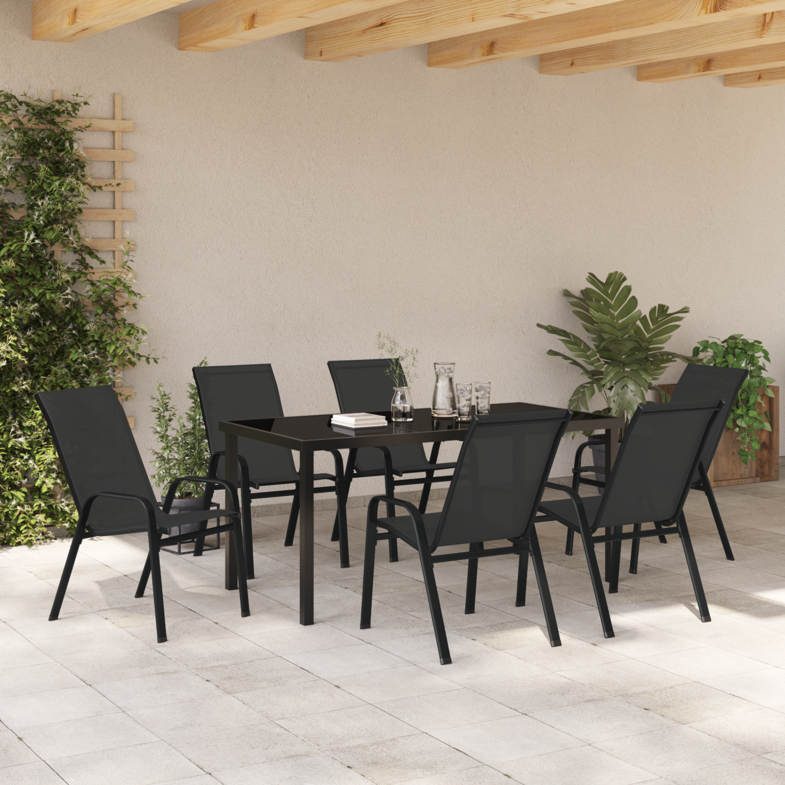 Hage Spisegruppe 7 pcs Svart Textilene og stål
