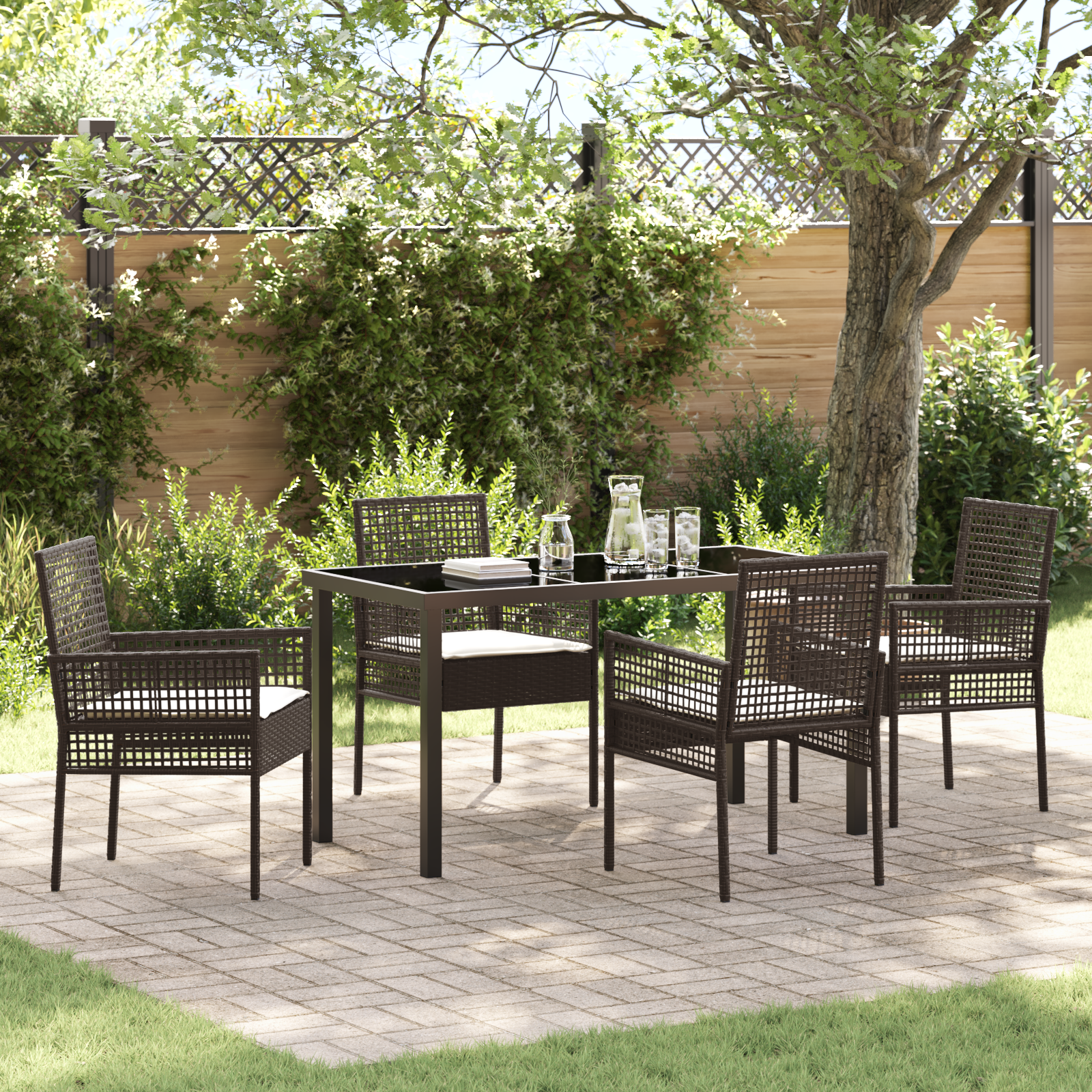 Hage Spisegruppe med pute 5 pcs Brun Poly rattan