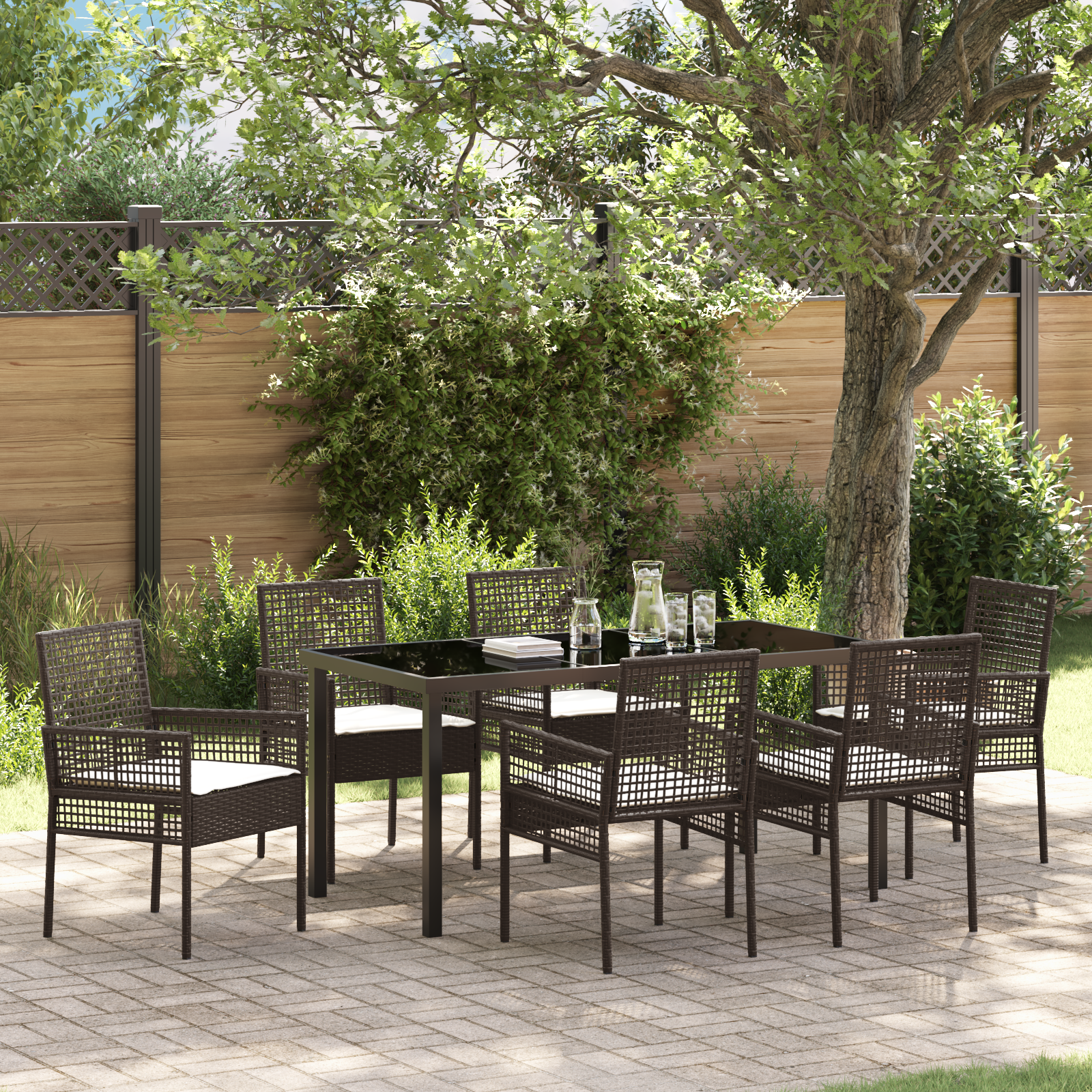 Hage Spisegruppe med pute 7 pcs Brun Poly rattan