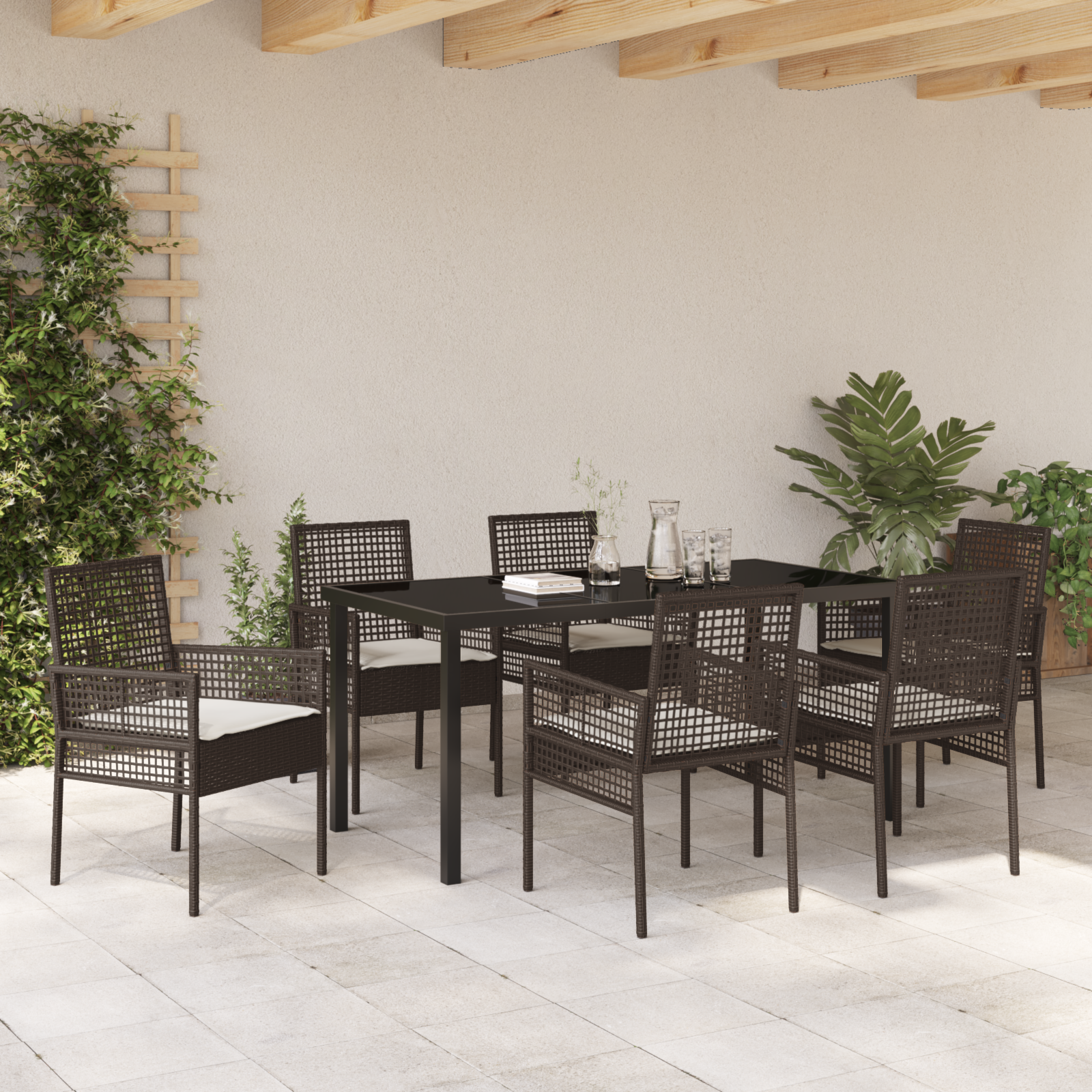 Hage Spisegruppe med pute 7 pcs Brun Poly rattan