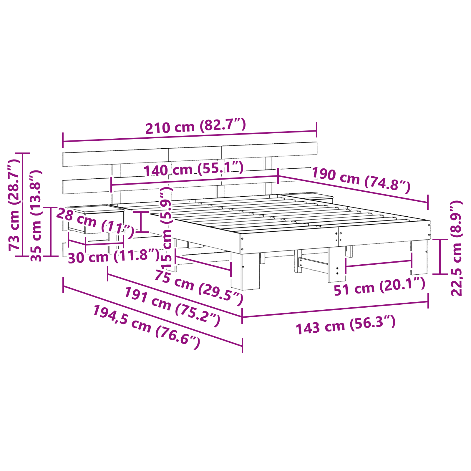 Sengestamme med hodegjerde Brun 140 x 190 cm Massiv furu