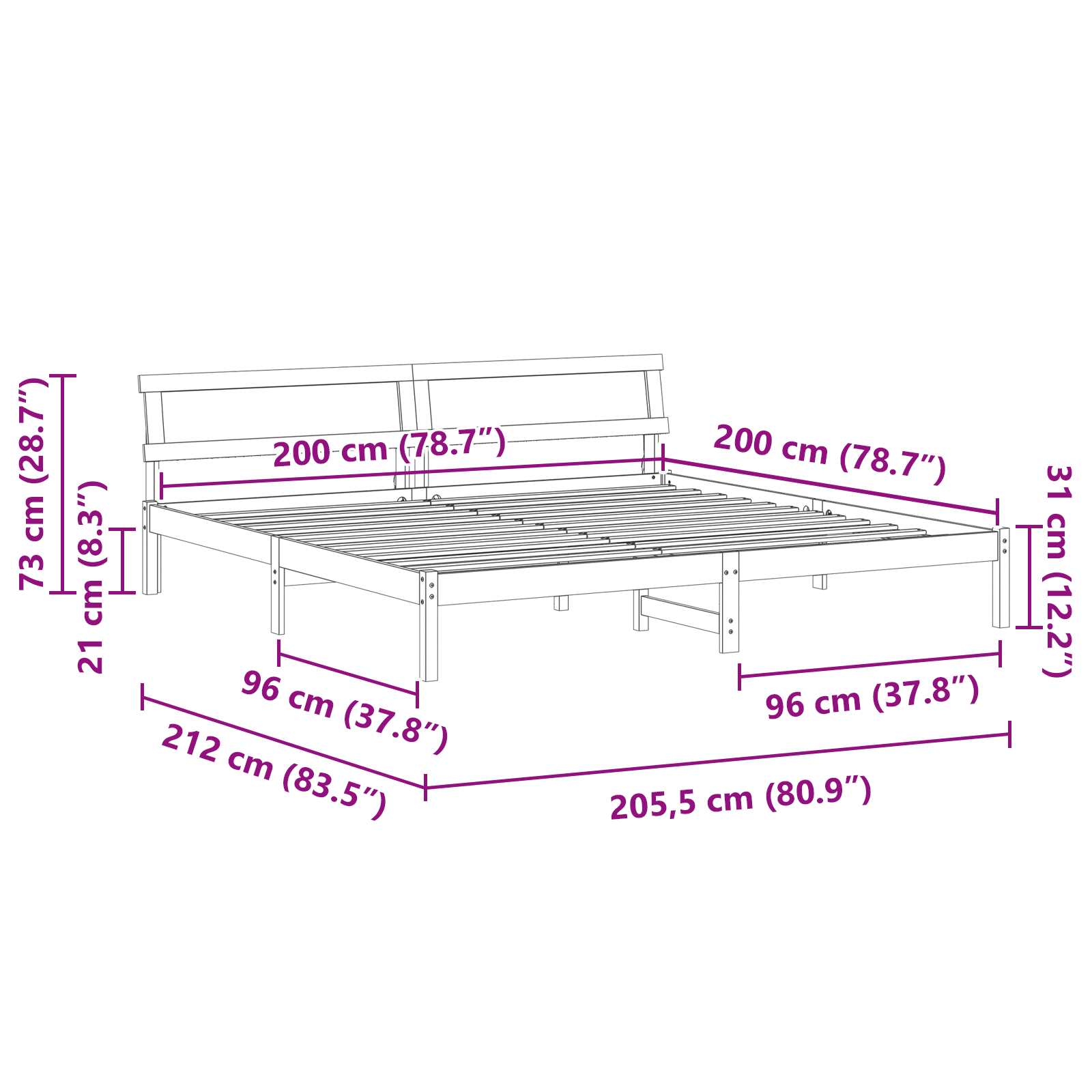 Sengestamme med hodegjerde Hvit 200 x 200 cm Massiv furu