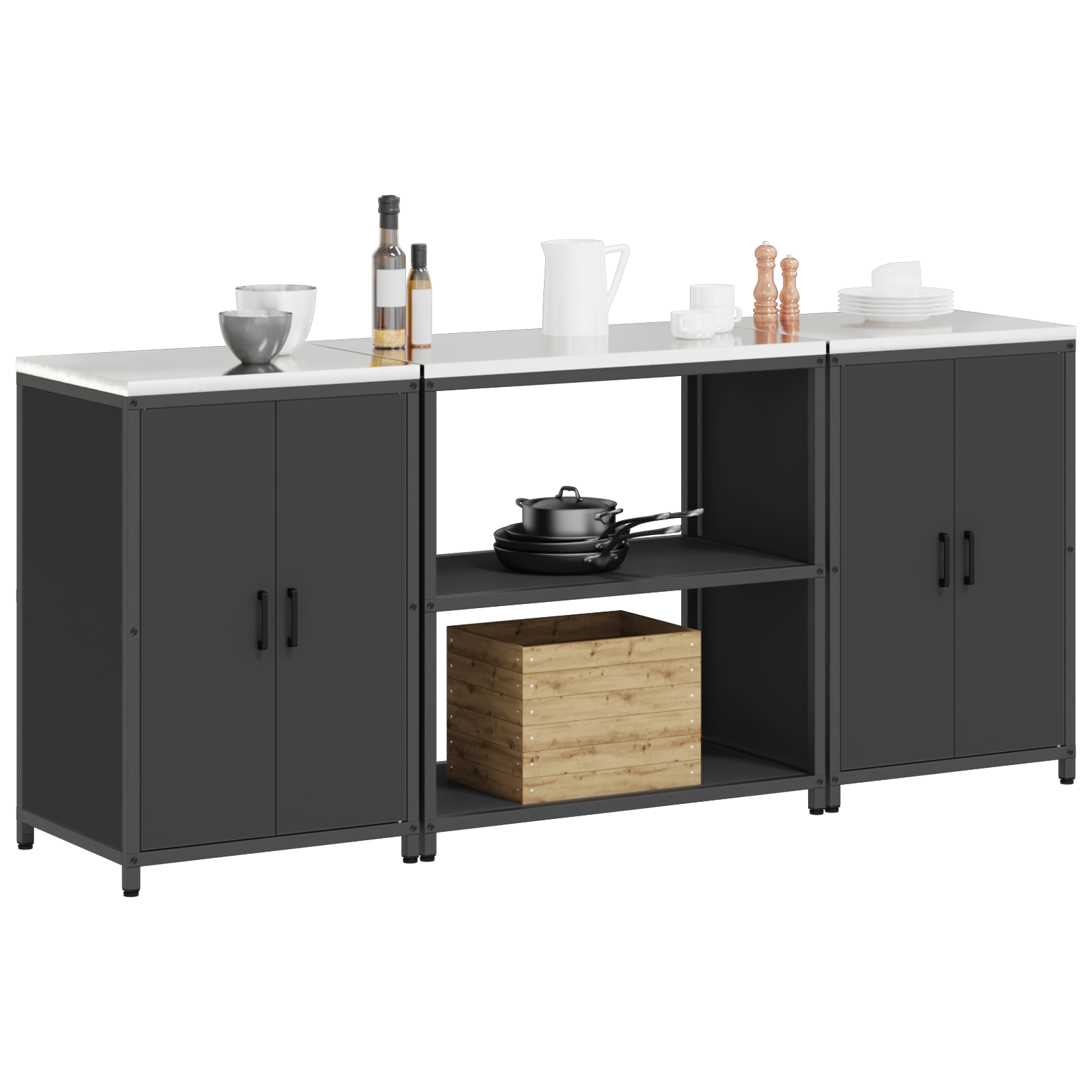 Kjøkkenoppbevaringssett med hylle 3 pcs Svart 210 x 50 x 92 cm