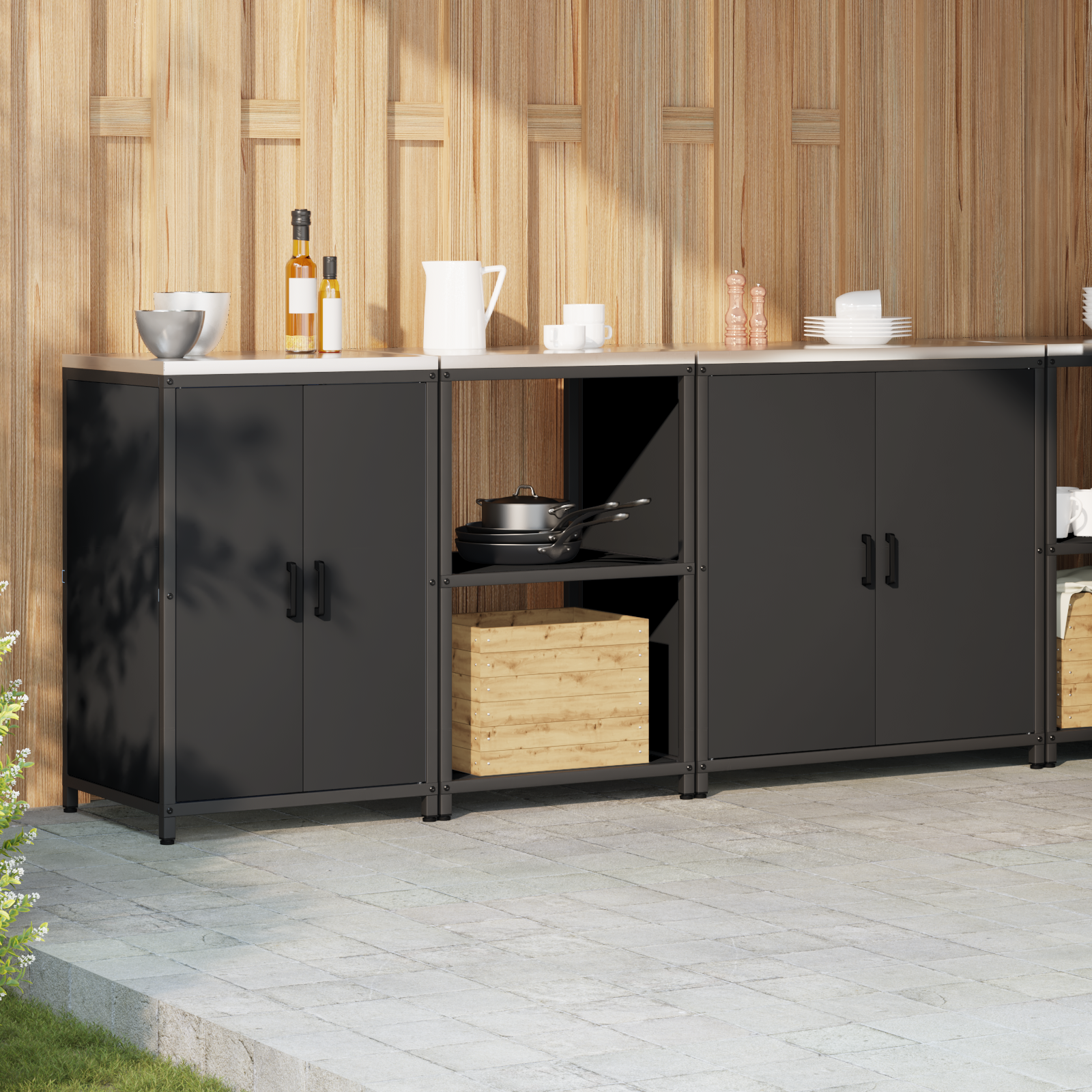 Kjøkkenoppbevaringssett med hylle 3 pcs Svart 210 x 50 x 92 cm