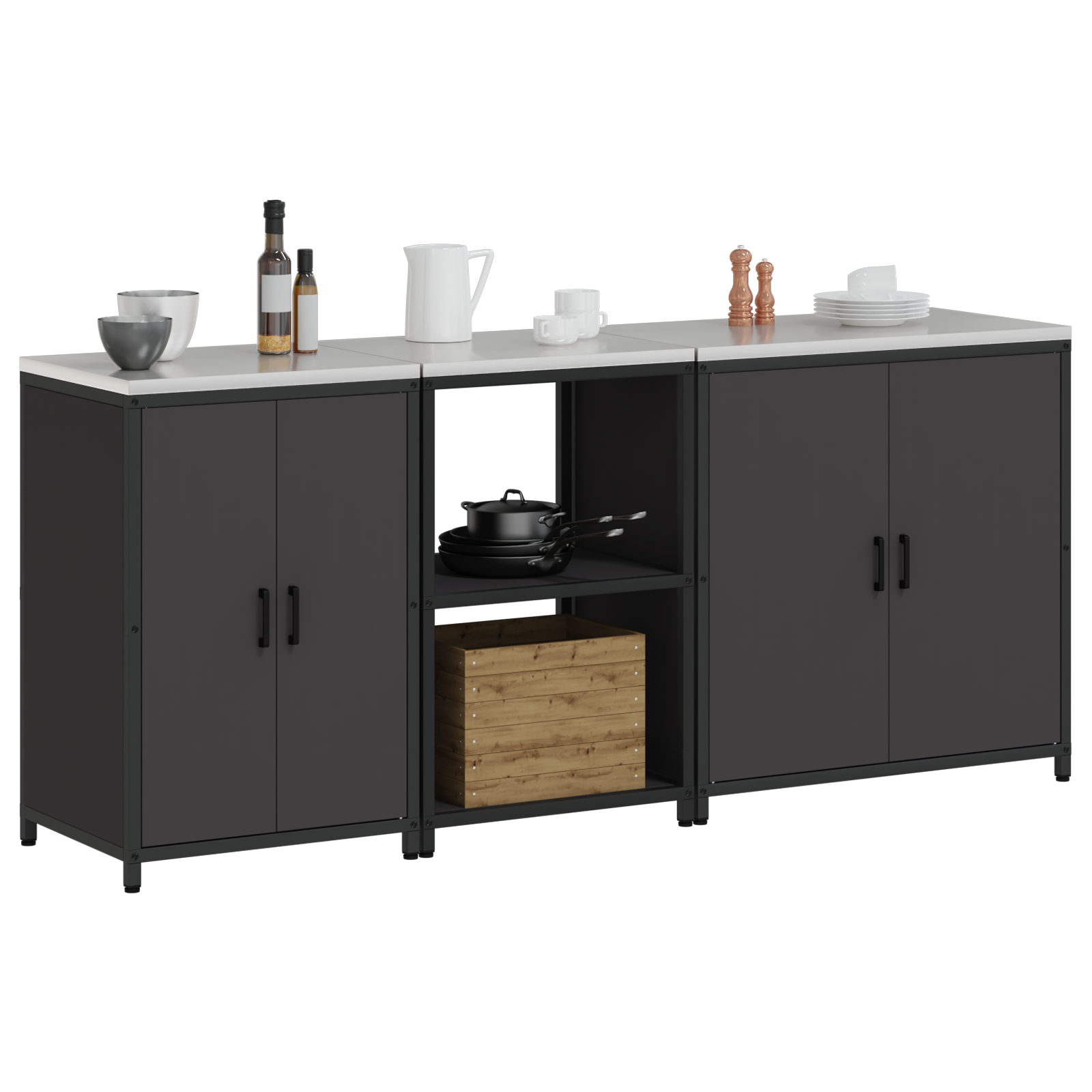Kjøkkenoppbevaringssett med hylle 3 pcs Svart 210 x 50 x 92 cm