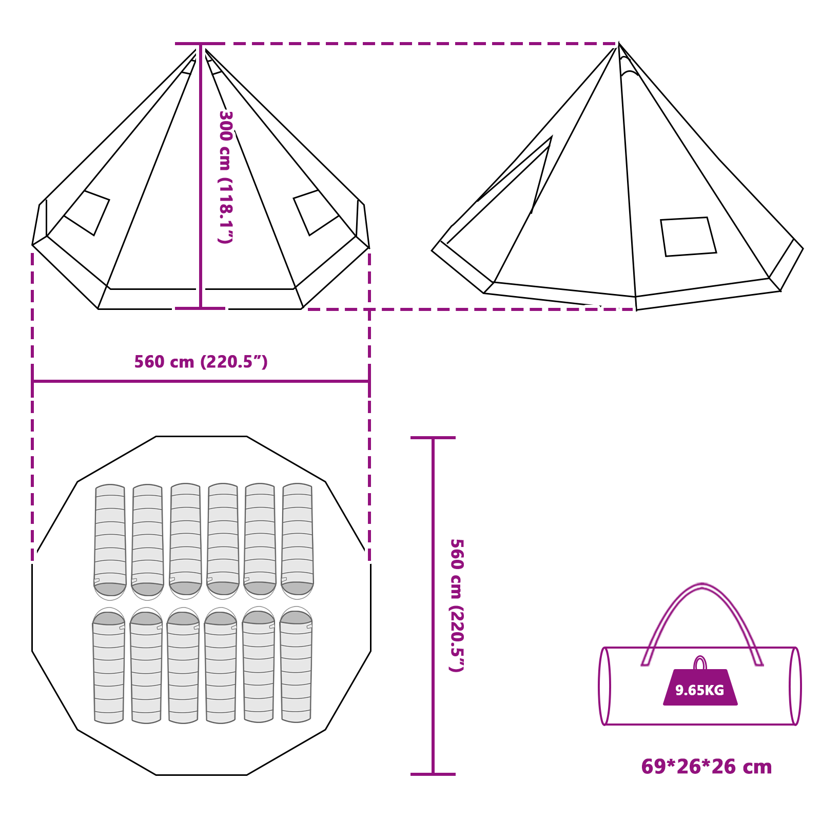 Familie Tipi Telt med tak grønn 560 x 560 x 300 cm