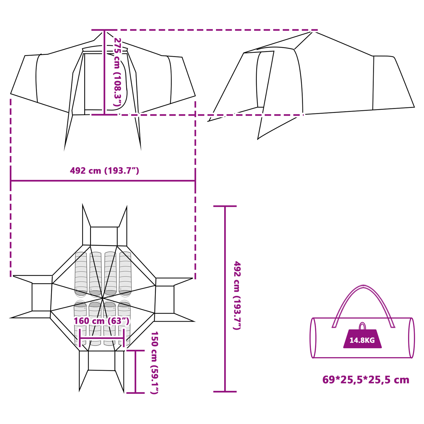 Tipi telt med tak med lagring grønn 492 x 492 x 275 cm taft