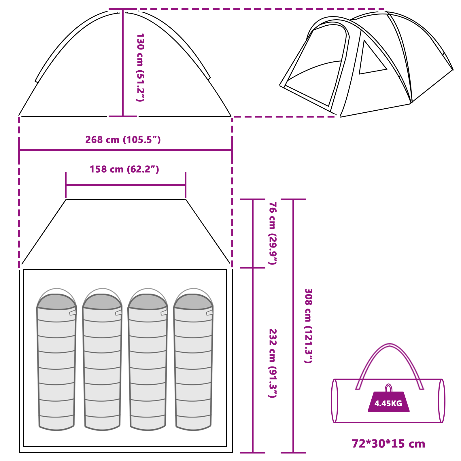 Camping Telt med tak Blå 308 x 268 x 130 cm Polyester