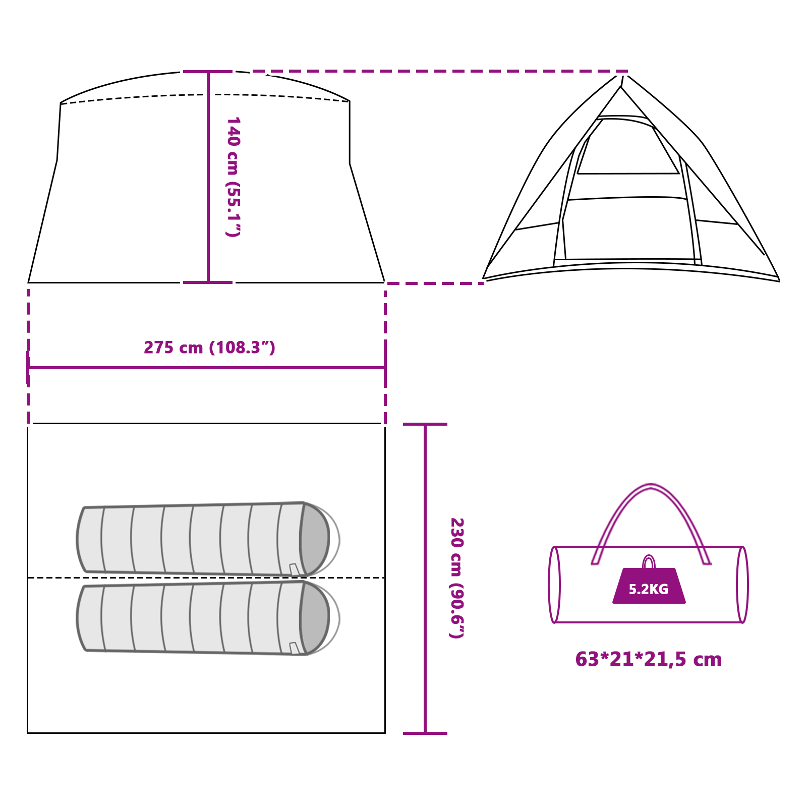 Camping Telt Blå 275 x 230 x 140 cm Polyester