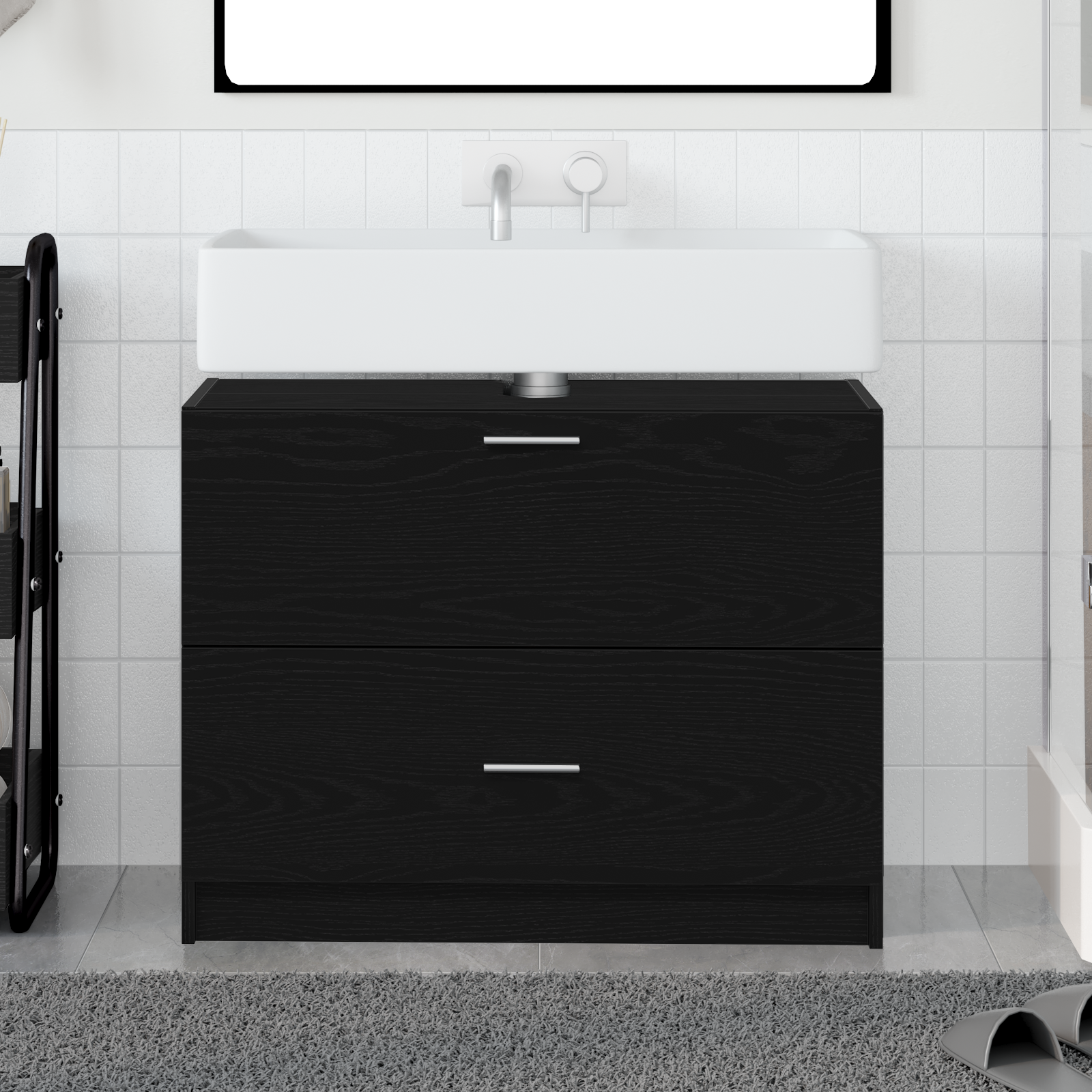 Vaskeskap med skuff Svart Eik 78 x 37 x 59 cm Konstruert tre