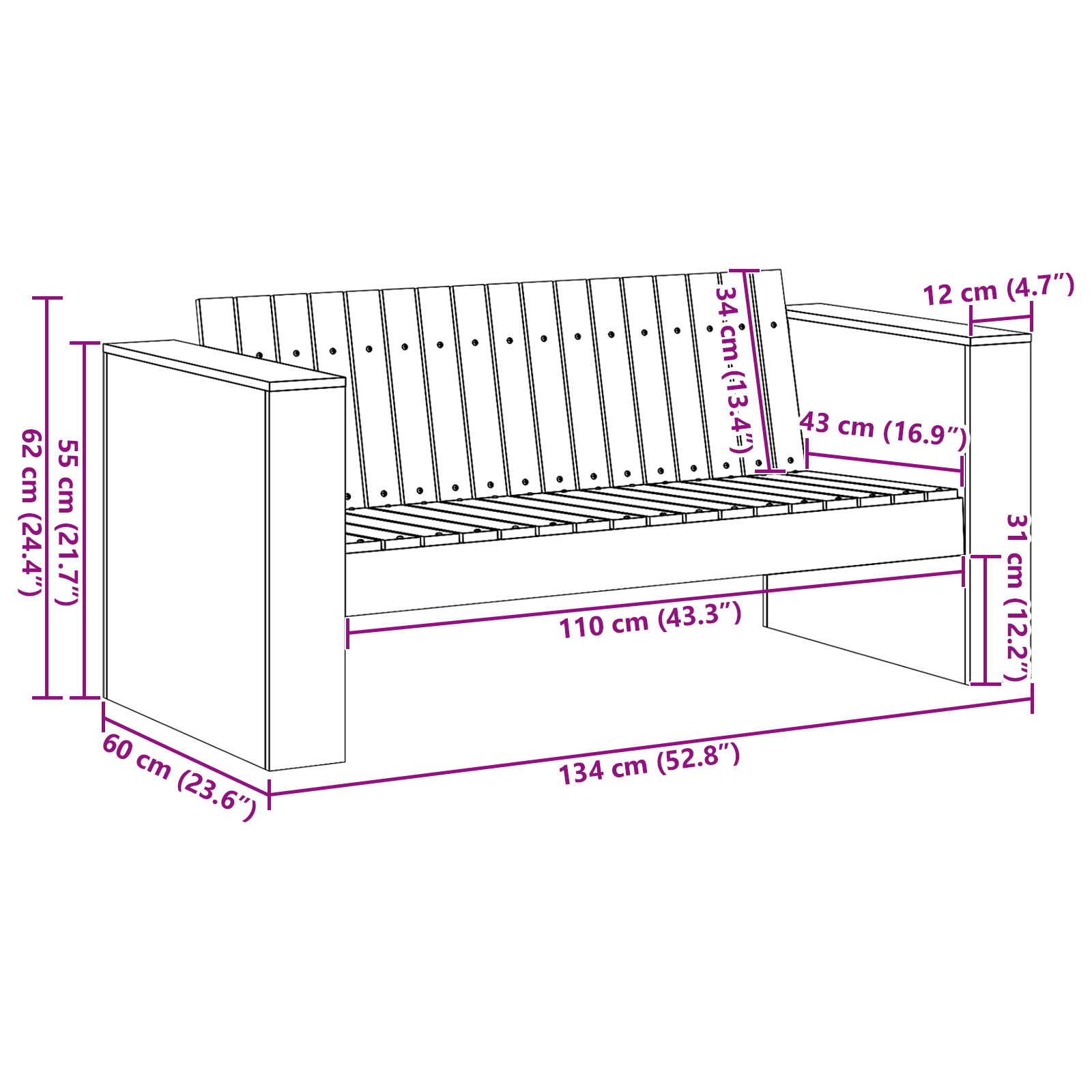 Hagemøbelsofa Hvit 134 x 60 x 62 cm Heltre furu