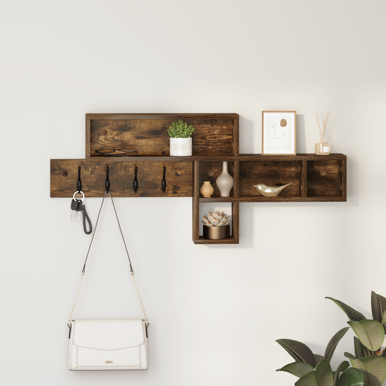 Vegghengt kleshenger Røkt eik 100 x 12 x 43.5 cm Konstruert tre