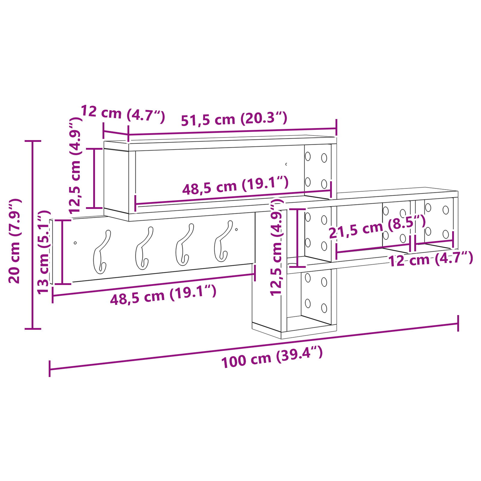 Vegghengt kleshenger Røkt eik 100 x 12 x 43.5 cm Konstruert tre