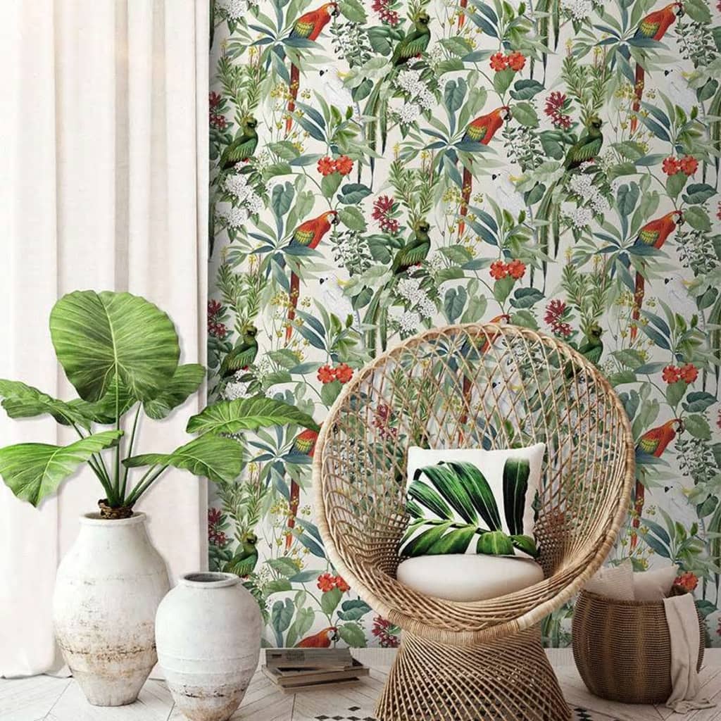 DUTCH WALLCOVERINGS Veggpanel tropiske fugler hvit og grønn