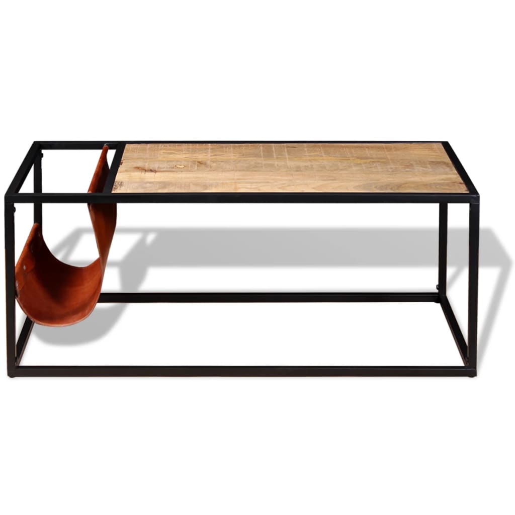 Salongbord med magasinholder i ekte lær 110x50x45 cm
