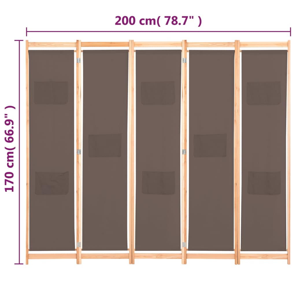 Romdeler 5 paneler brun 200x170x4 cm stoff