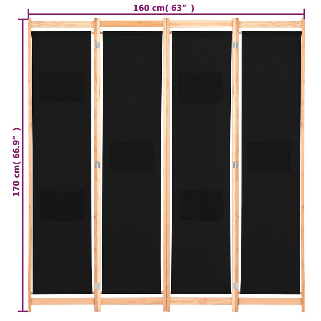 Romdeler 4 paneler svart 160x170x4 cm stoff