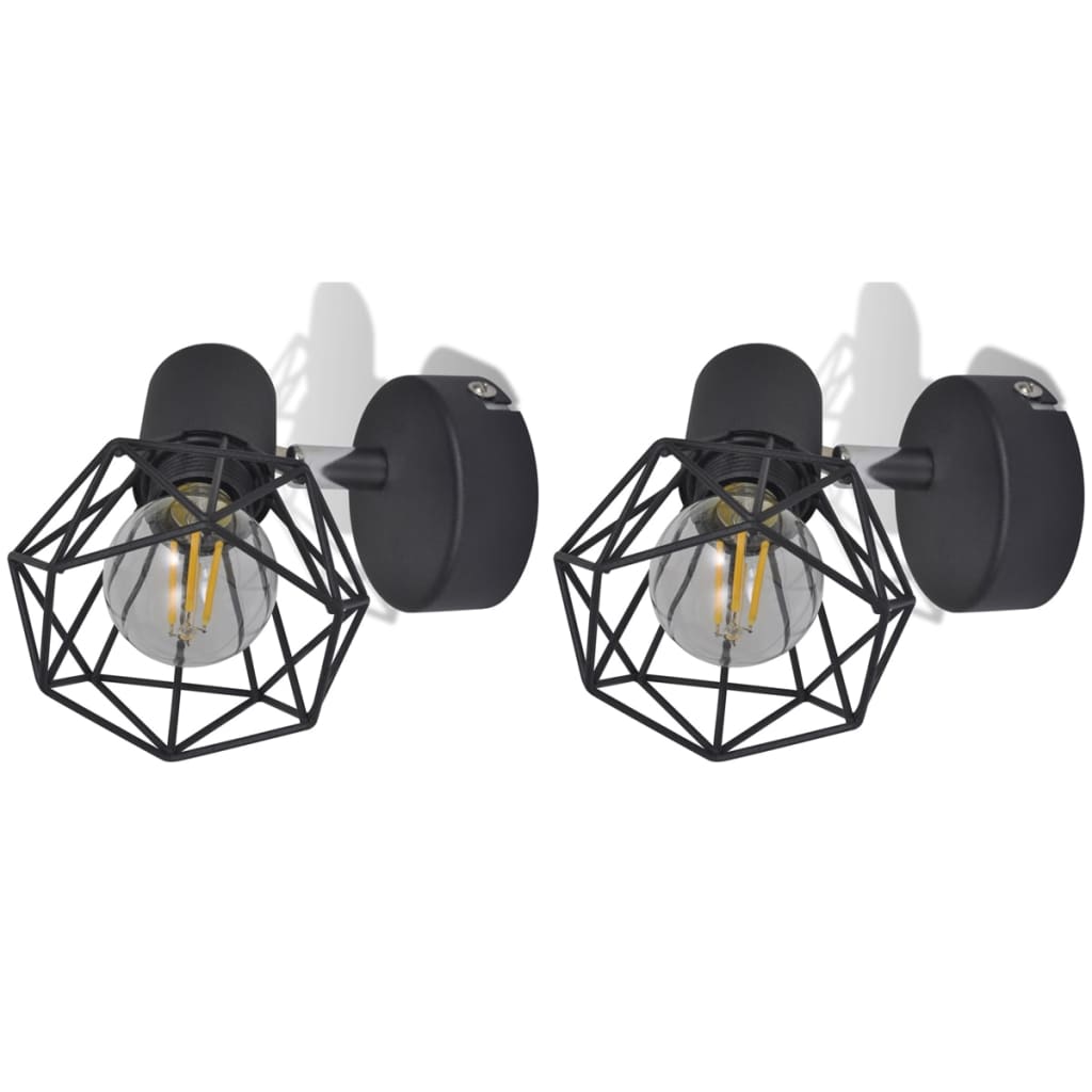Vegglamper med LED-glødepærer 2 stk industriell stil trådramme svart