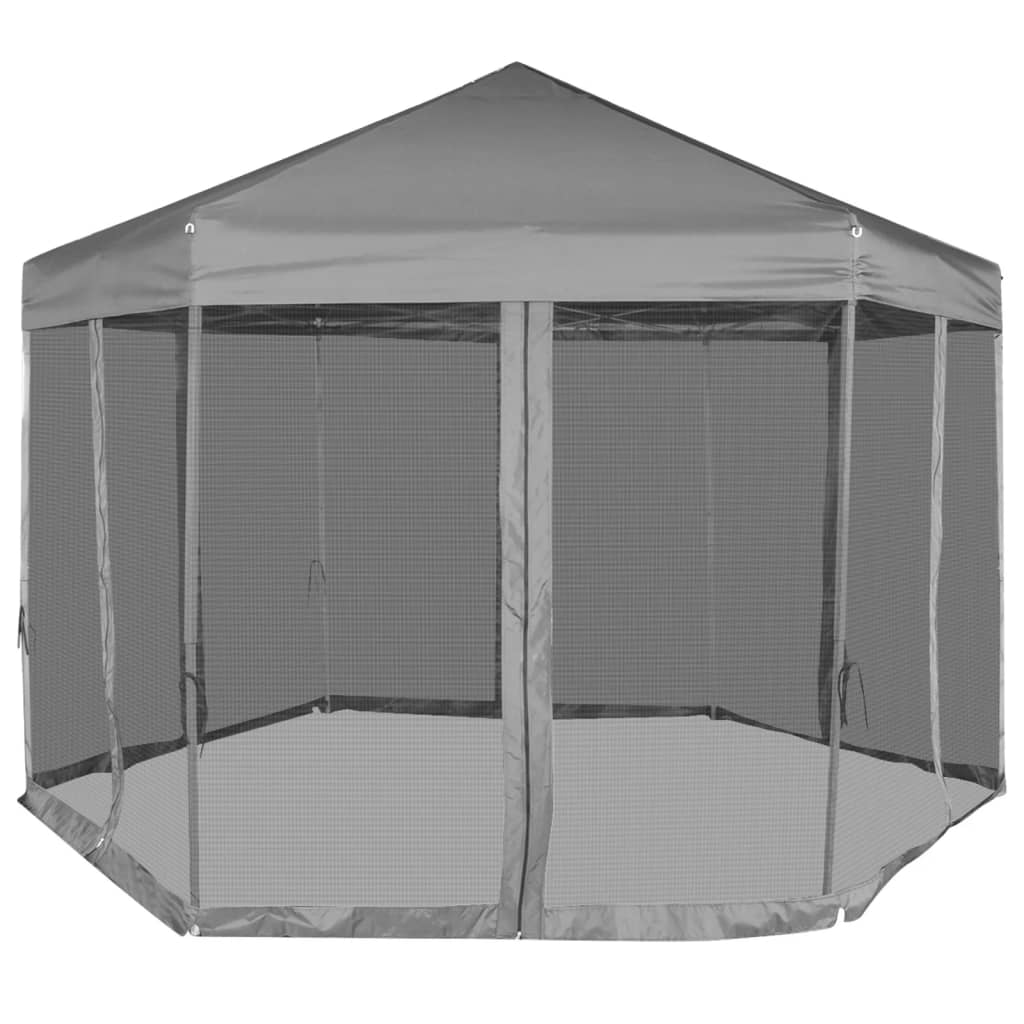 Heksagonalt pop-up partytelt med 6 sidevegger grå 3,6x3,1 m