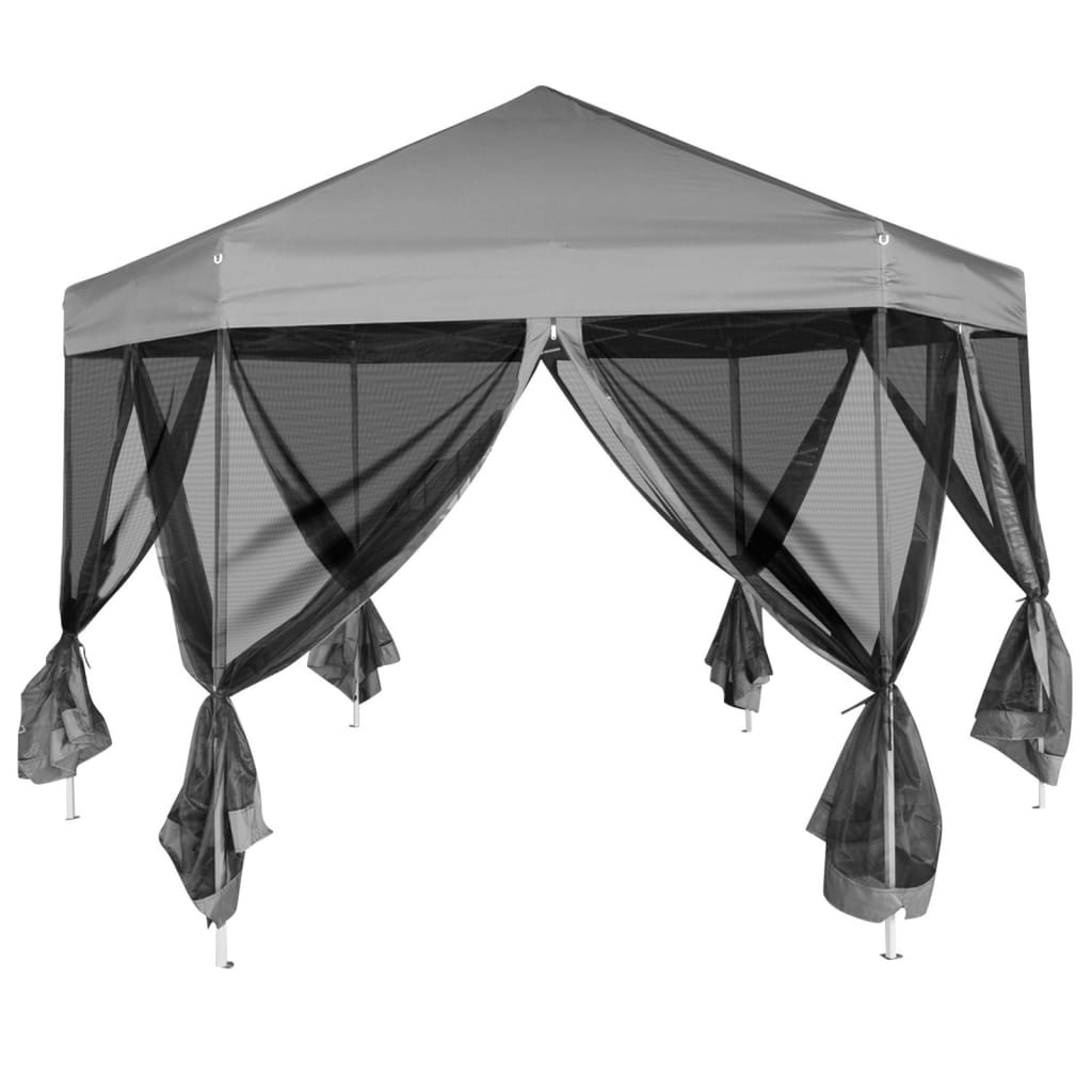 Heksagonalt pop-up partytelt med 6 sidevegger grå 3,6x3,1 m