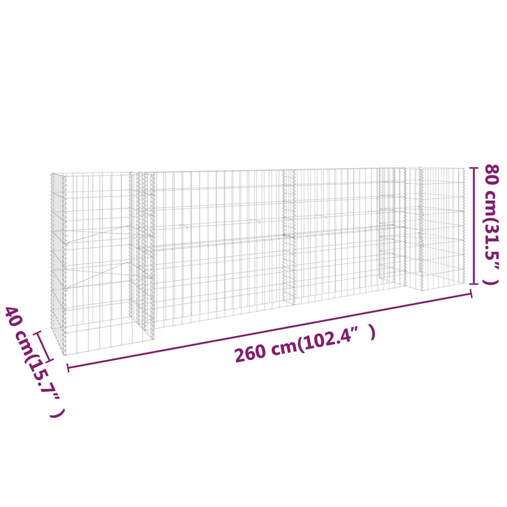 Gabion plantekasse H-formet ståltråd 260x40x80 cm