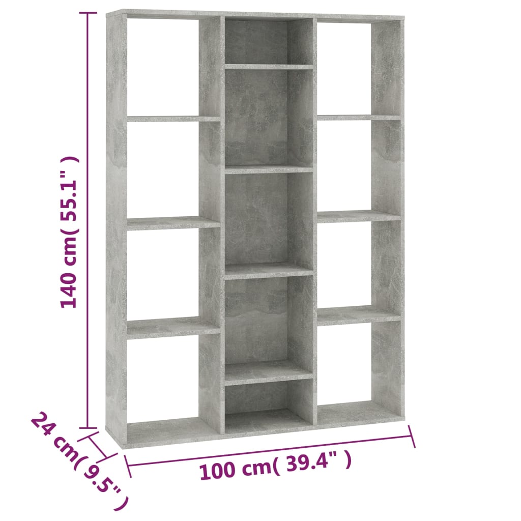 Bokhylle/Romdeler betonggrå 100x24x140 cm konstruert tre