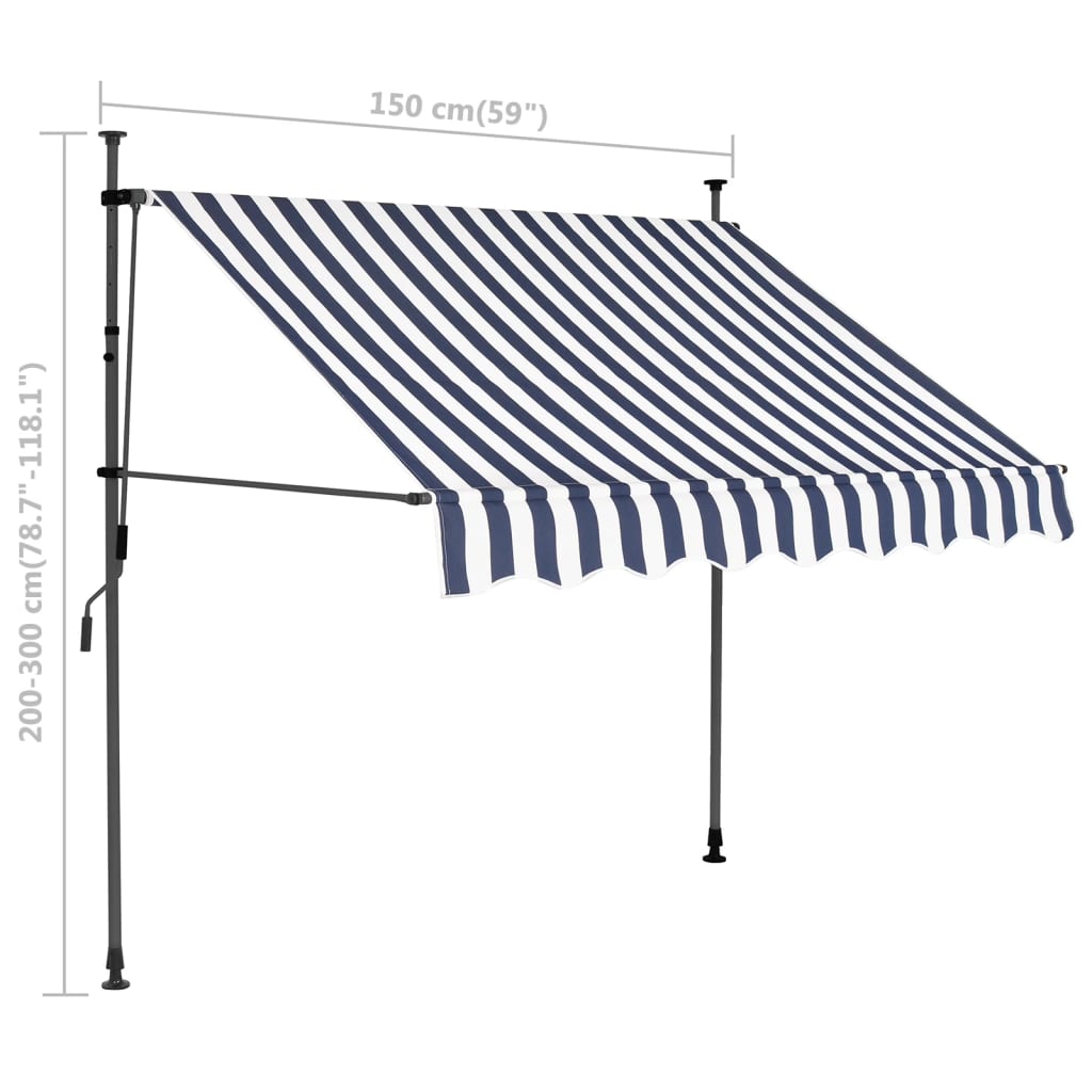 Manuell uttrekkbar markise med LED 150 cm blå og hvit