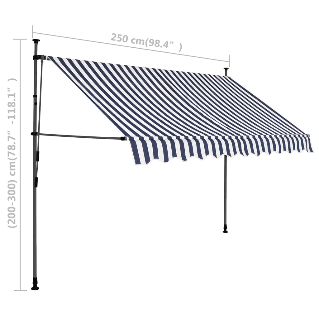 Manuell uttrekkbar markise med LED 250 cm blå og hvit