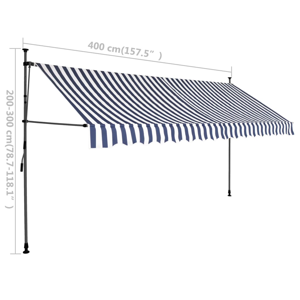 Manuell uttrekkbar markise med LED 400 cm blå og hvit