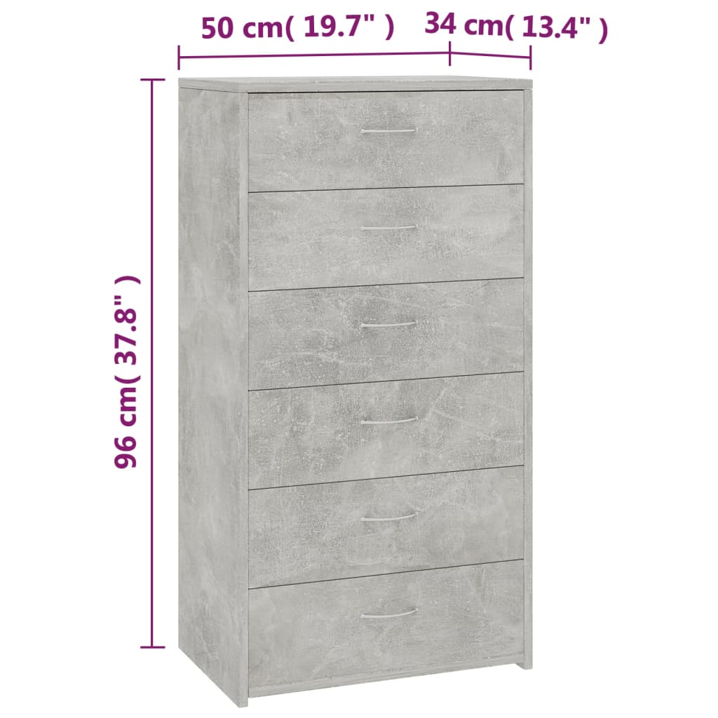 Skjenk med 6 skuffer betonggrå 50x34x96 cm konstruert tre