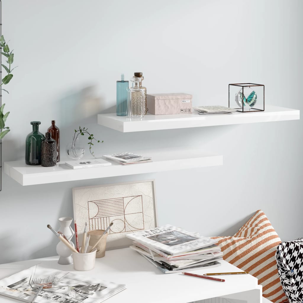 Flytende vegghyller 2 stk høyglans hvit 80x23,5x3,8 cm MDF