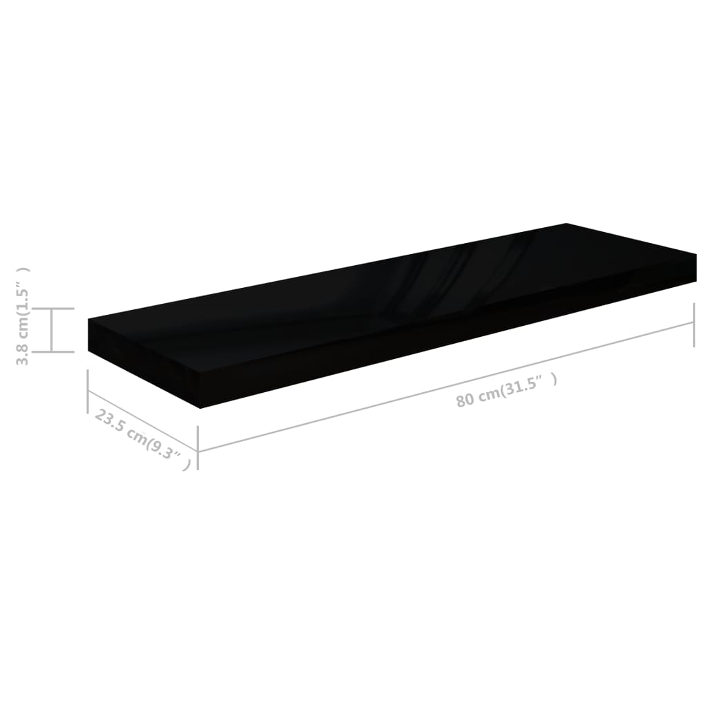 Flytende vegghyller 4 stk høyglans svart 80x23,5x3,8 cm MDF