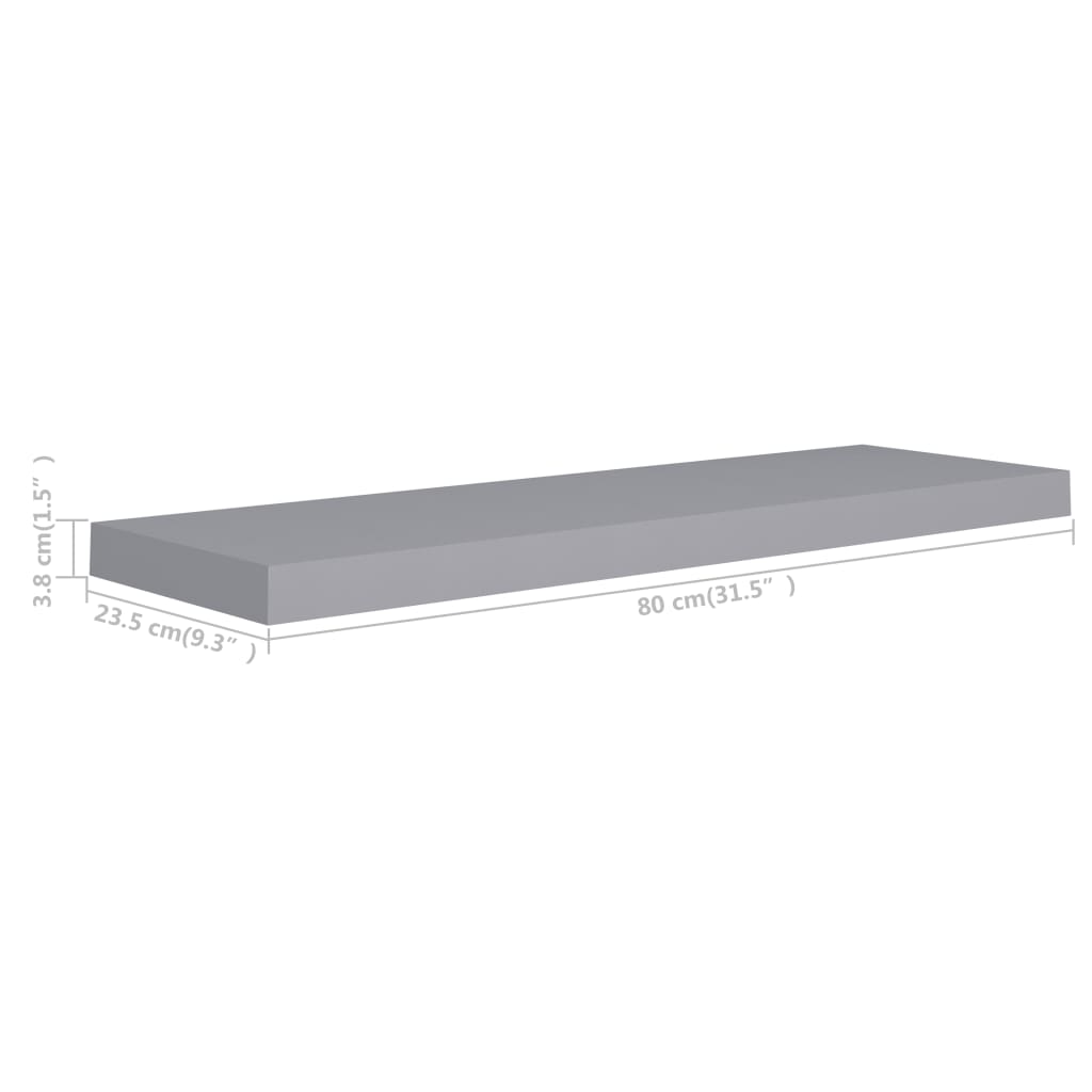 Flytende vegghyller 2 stk grå 80x23,5x3,8 cm MDF