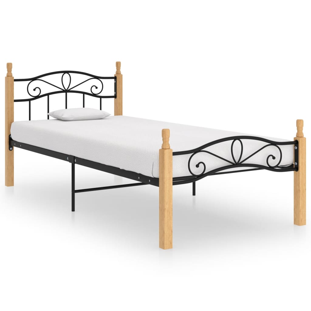 Sengeramme svart metall og heltre eik 90x200 cm