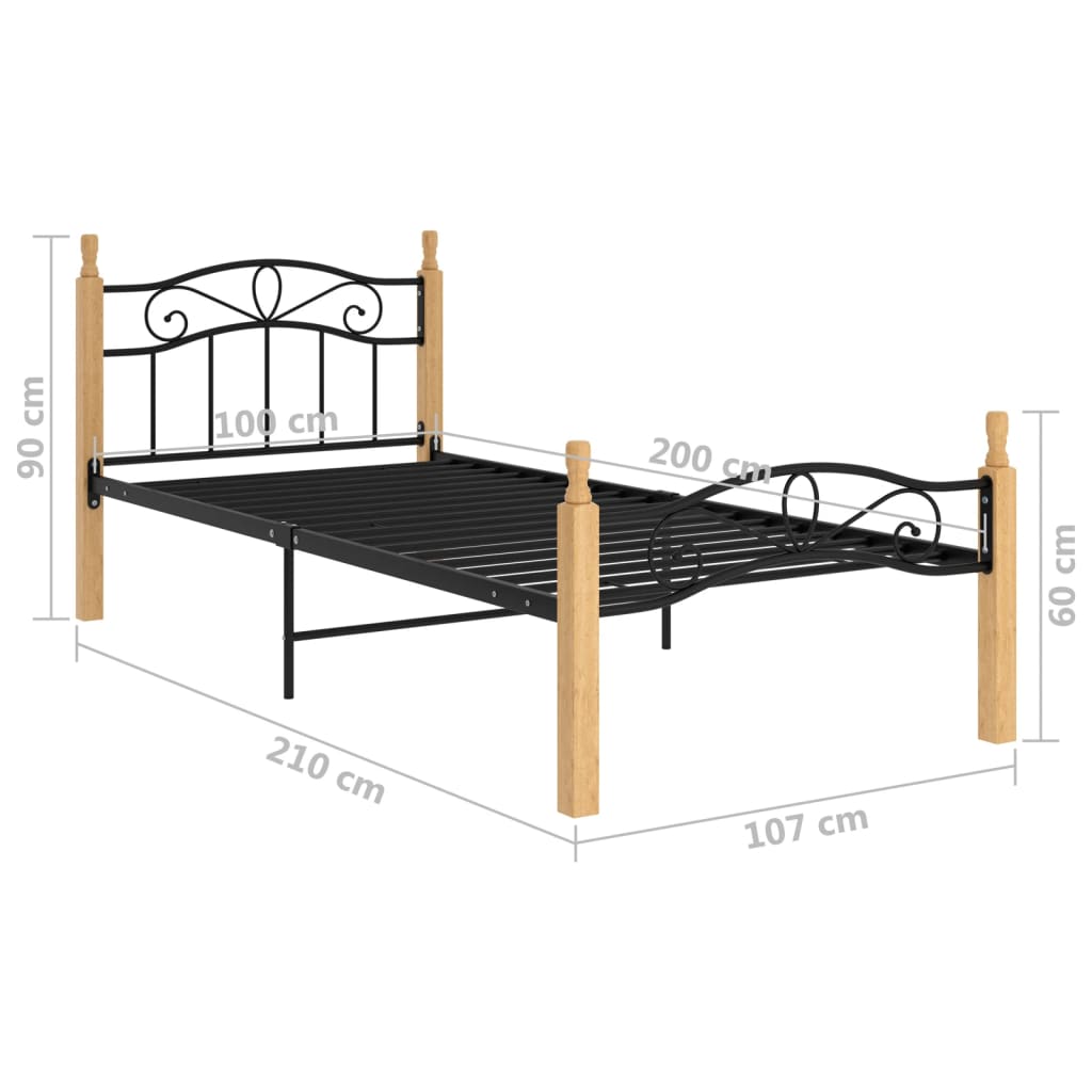 Sengeramme svart metall og heltre eik 100x200 cm