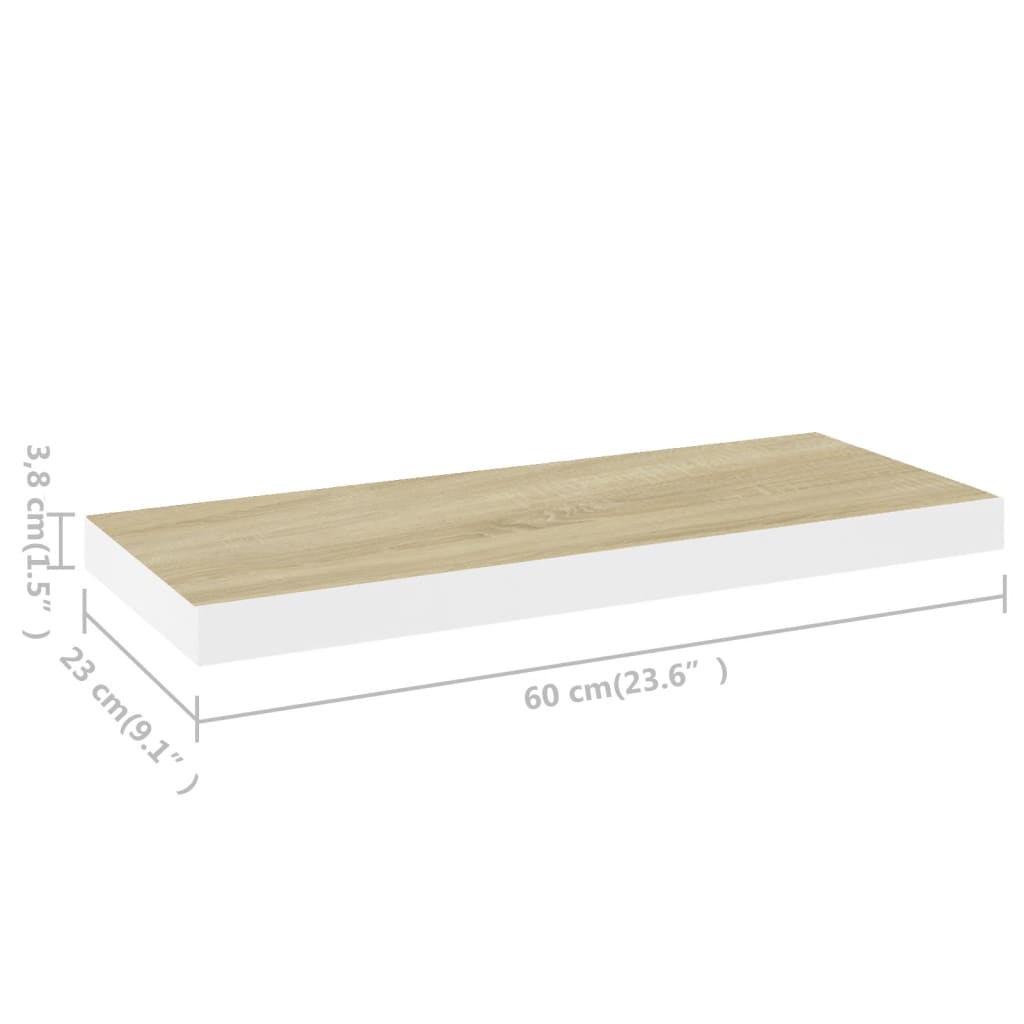 Flytende vegghyller 2 stk eik og hvit 60x23,5x3,8 cm MDF