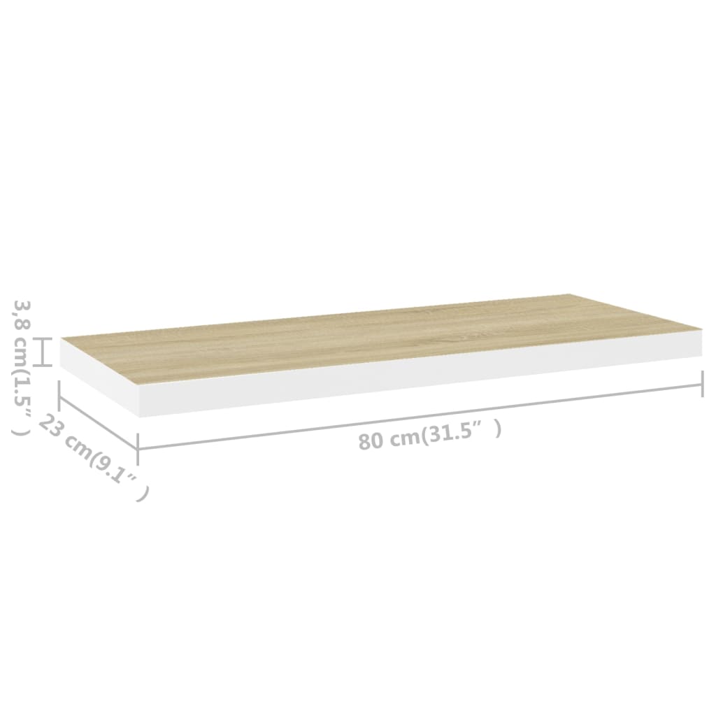 Flytende vegghyller 2 stk eik og hvit 80x23,5x3,8 cm MDF