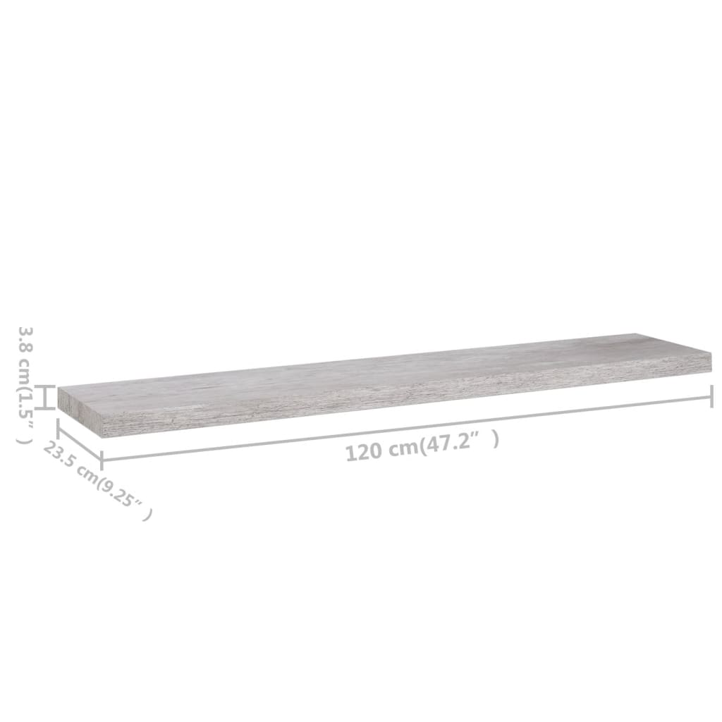 Flytende vegghyller 2 stk betonggrå 120x23,5x3,8 cm MDF