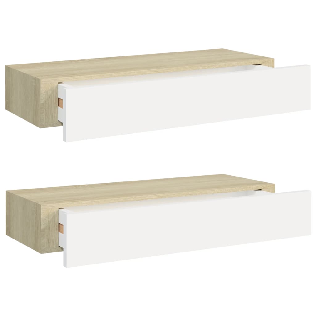 Veggmonterte skuffehyller 2 stk eik og hvit 60x23,5x10 cm MDF