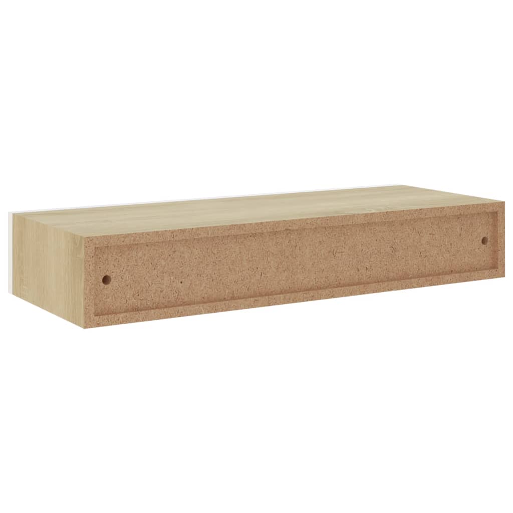 Veggmonterte skuffehyller 2 stk eik og hvit 60x23,5x10 cm MDF