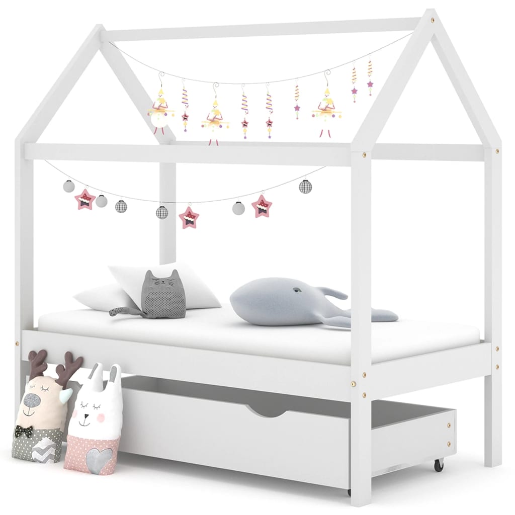 Ramme for barneseng med skuff hvit heltre furu 70x140 cm