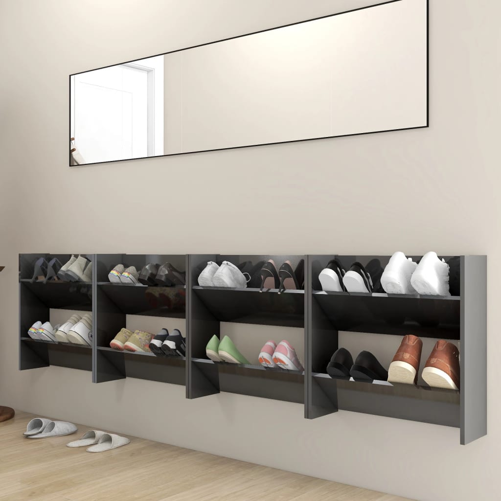 Veggskoskap 4 stk høyglans grå 60x18x60 cm sponplater