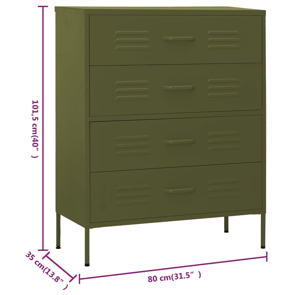 Kommode olivengrønn 80x35x101,5 cm stål