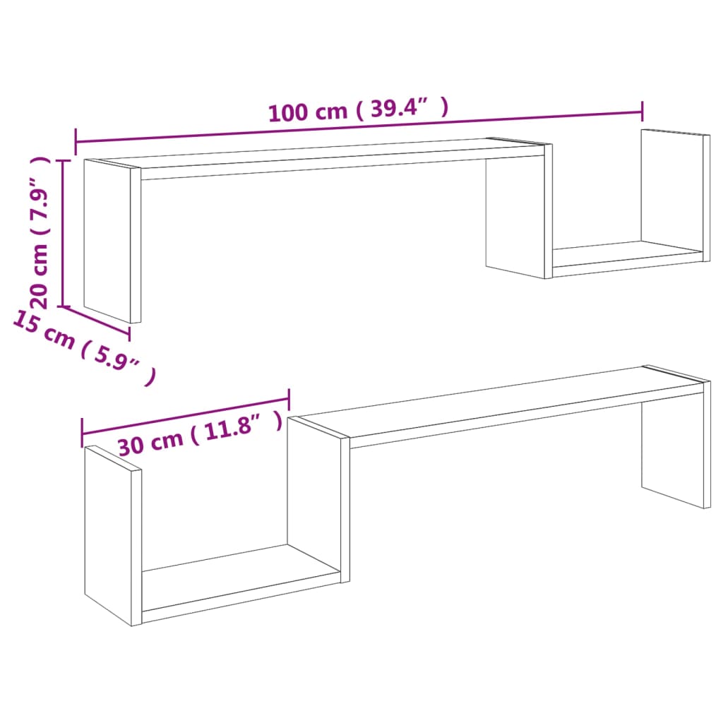 Vegghyller 2 stk betonggrå 100x15x20 cm sponplate